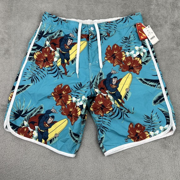 DC Superman Blue Hawaii‎ Floral Superman Swim Trunks Men's XL 36 Shorts Pockets - Picture 1 of 14